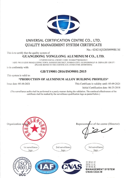 Trung Quốc Guangdong  Yonglong Aluminum Co., Ltd.  Chứng chỉ
